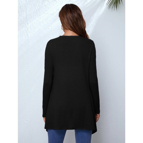 Waffle Knit Waterfall Cardigan soft knit sweater black - Picture 2 of 11